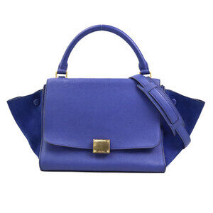 Celine Trapeze Shoulder Bag Leather Suede Blue Gold accents